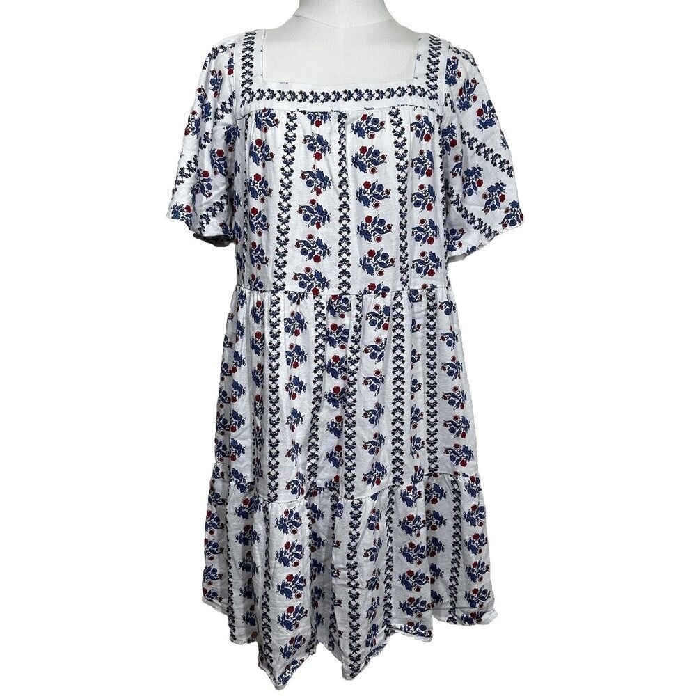 Loft‎ Outlet Floral Tiered Dress Womens S White Blue Red Linen Blend Square Neck
